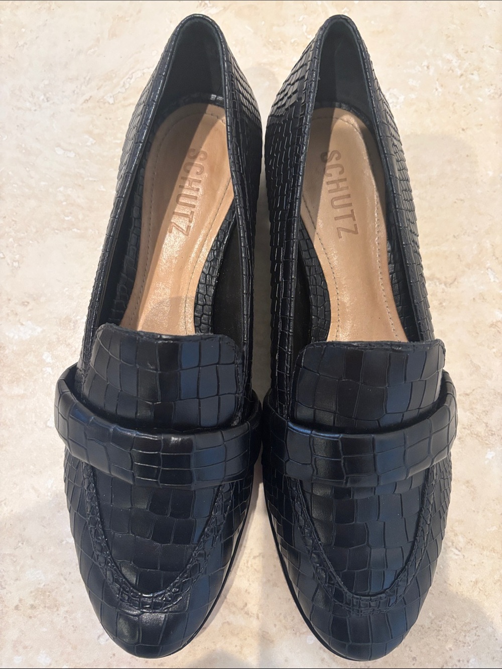 SCHUTZ Black Croc-Embossed Penny Loafers